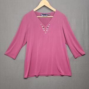 Susan Graver Top Womens Medium Purple Rhinestone V Neck Slinky Stretch Office